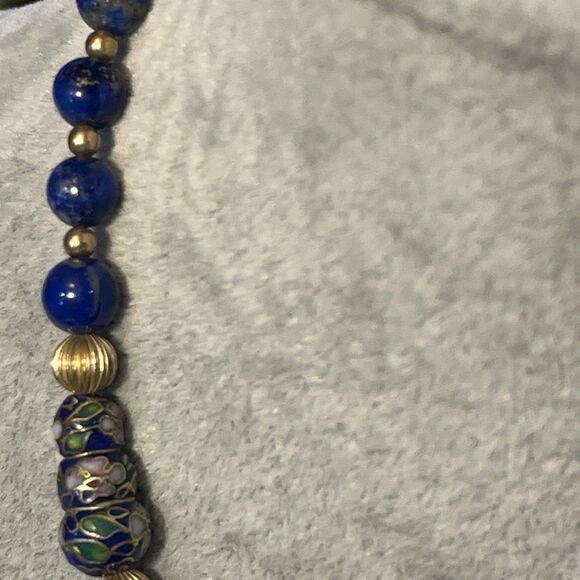 Vintage Lapis Lazuli & Cloisonné Beaded Necklace Unique Shaped 24” - Picture 7 of 13